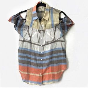 Sea New York Plaid Ruffle Cold Shoulder Blouse